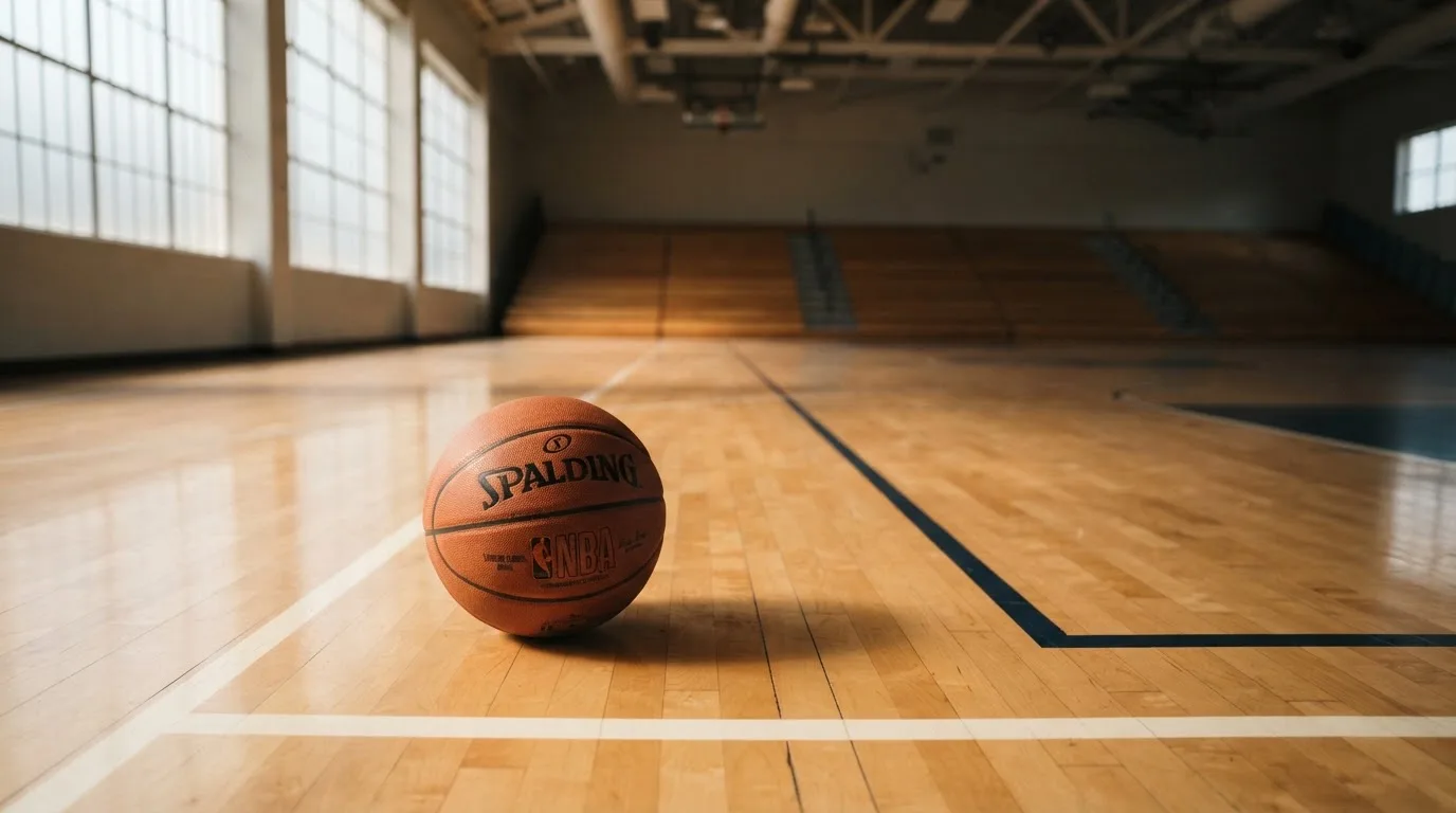 Ein Basketball liegt auf dem Parkett einer leeren Halle, Licht fällt durch hohe Fenster.