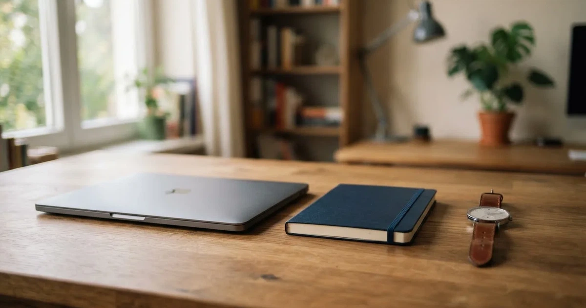 Ein Laptop mit geschlossenem Deckel, ein Notizblock und eine Armbanduhr liegen auf einem Schreibtisch in sachlichem Tageslicht.
