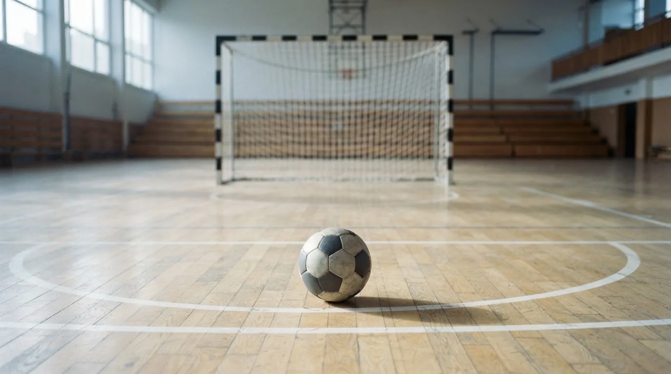 Ein Handball liegt in einer leeren Halle auf dem Boden vor dem Tor.