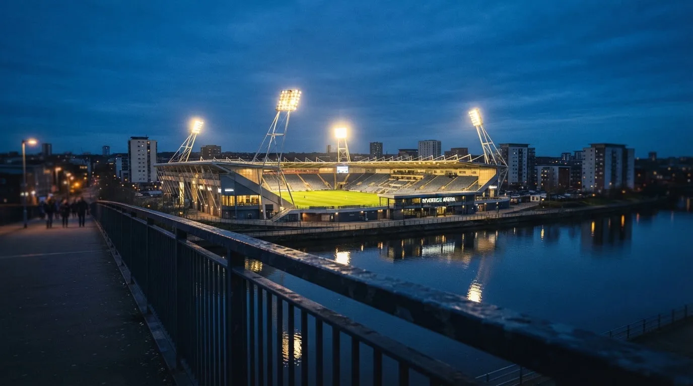 Ein Stadion bei Dämmerung mit eingeschalteten Flutlichtmasten, von einer Brücke aus aufgenommen.