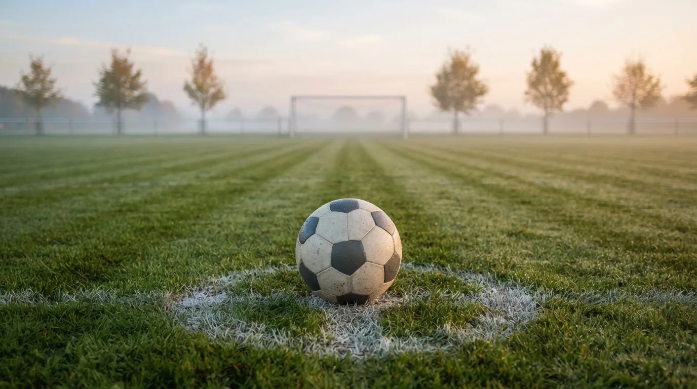 Ein Fußball liegt auf dem Anstoßkreis eines leeren Rasenplatzes im frühen Morgenlicht.