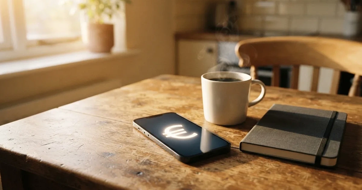Ein Smartphone mit dunklem Display liegt neben einer Kaffeetasse und einem Notizbuch auf einem Küchentisch.