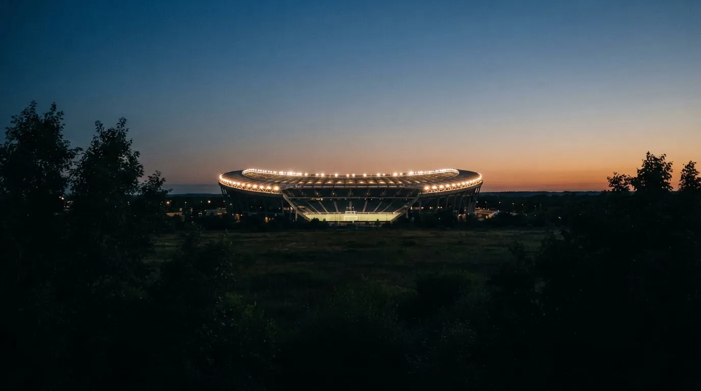 Ein Stadion unter Flutlicht aus großer Entfernung, davor die Silhouetten von Bäumen im Abendhimmel.