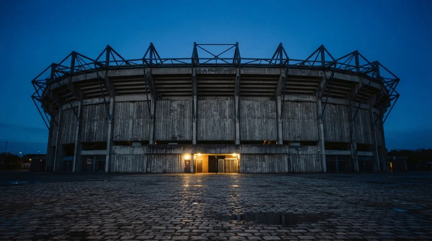 Die Rückseite einer Tribüne bei Dämmerung, davor ein menschenleerer Vorplatz mit Pflastersteinen.
