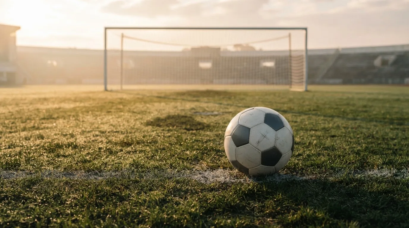 Ein Fußball auf dem Rasen vor einem leeren Tor im frühen Morgenlicht.