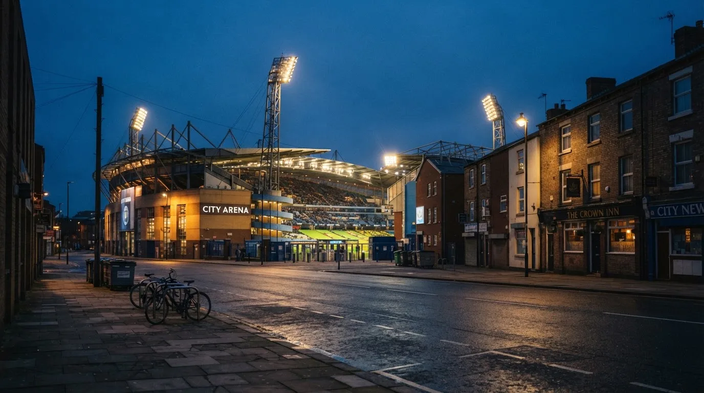 Ein Stadion aus der Ferne bei Flutlicht, davor eine ruhige Straße in der Abenddämmerung.