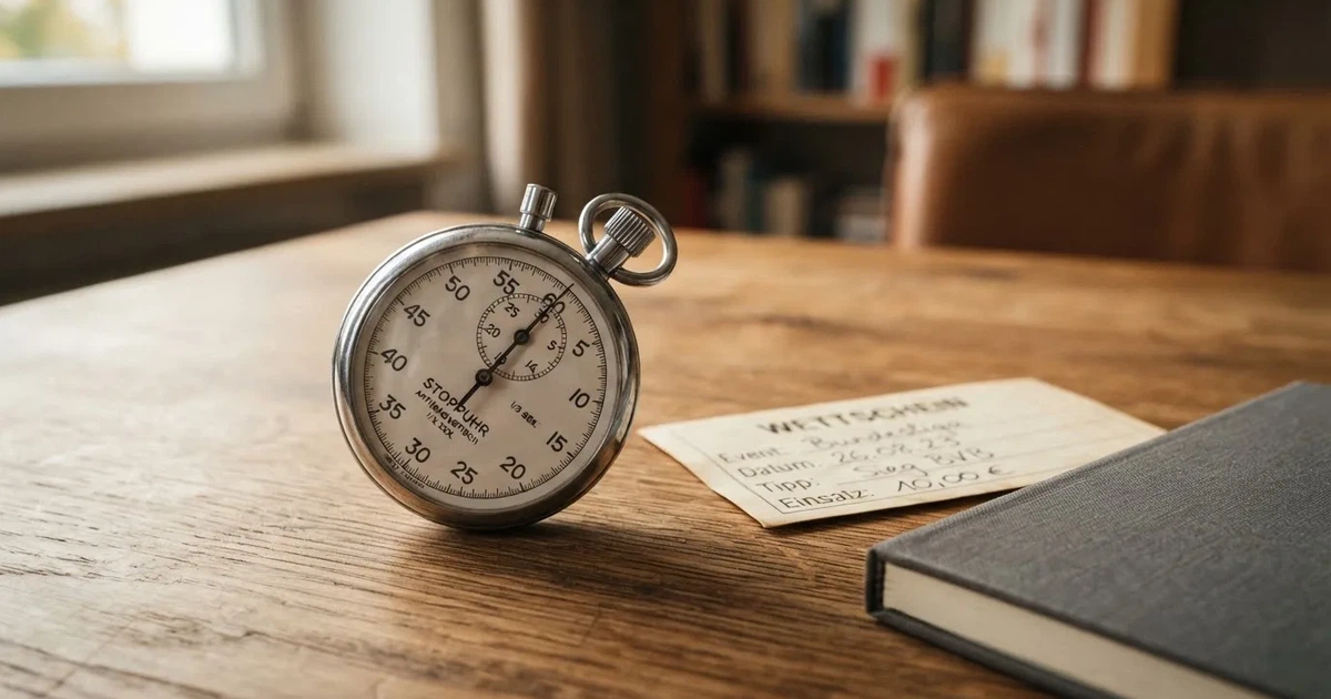 Eine Stoppuhr liegt neben Münzen und einem Notizbuch auf einem Holztisch, Tageslicht fällt von der Seite ein.