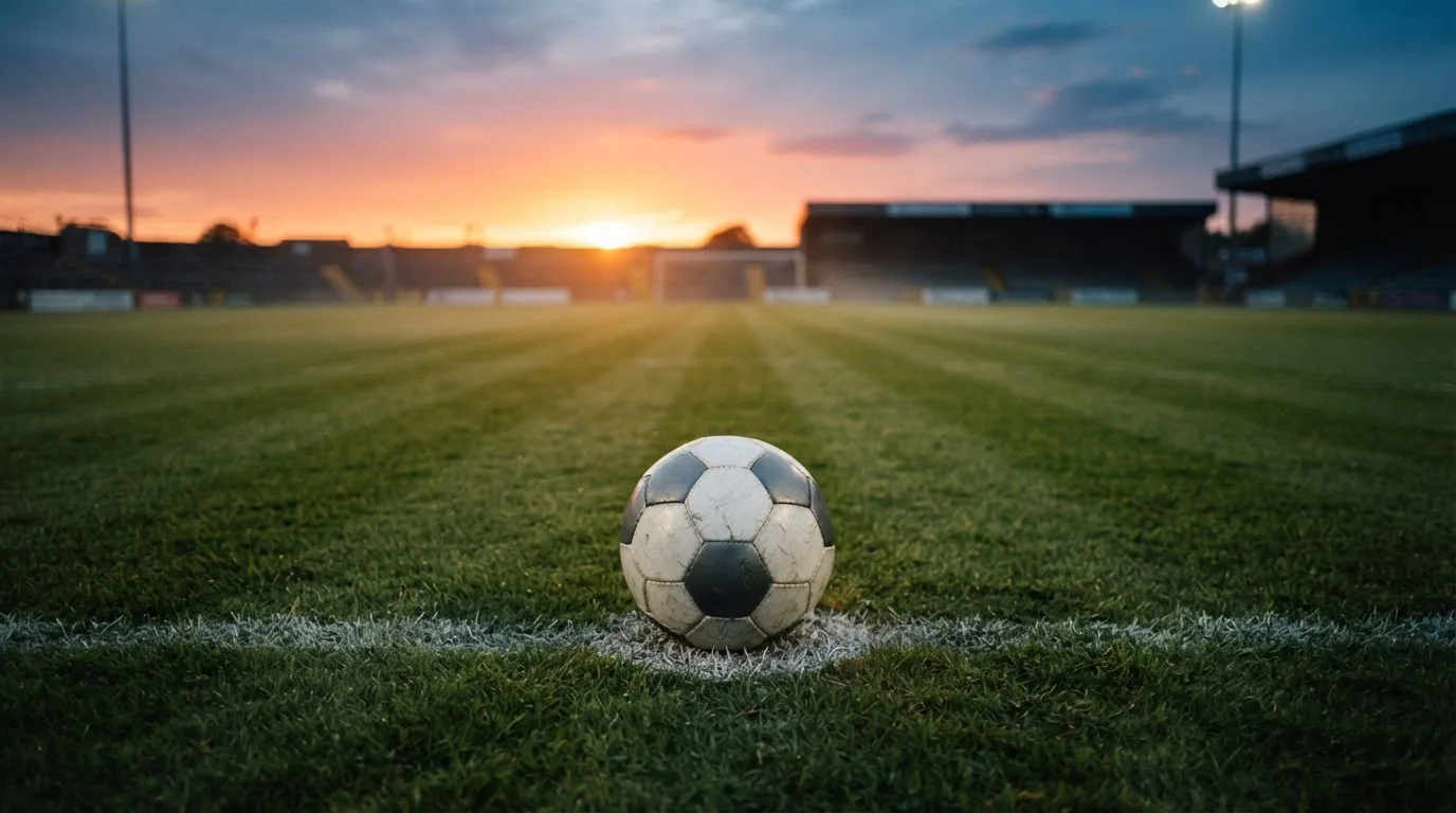 Ein Fußball liegt in der Mitte eines leeren Rasenplatzes, am Horizont färbt sich der Himmel orange.