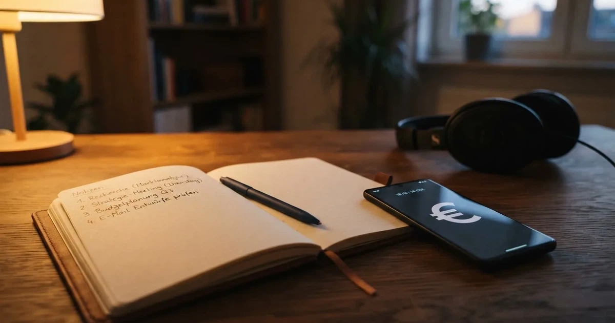 Ein Smartphone mit schwarzem Display liegt neben Kopfhörern auf einem Schreibtisch, daneben ein aufgeschlagenes Notizbuch.