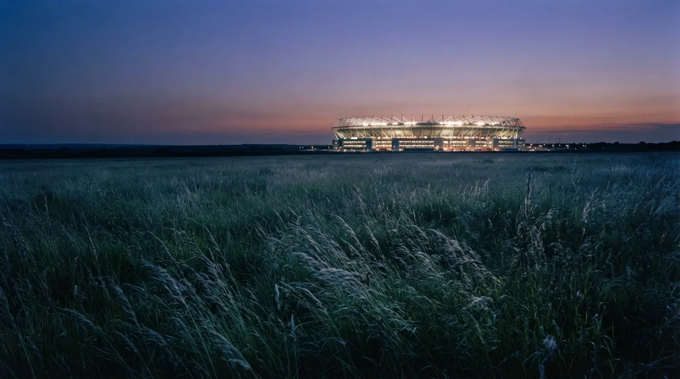 Ein hell beleuchtetes Stadion aus der Ferne in der Dämmerung, im Vordergrund ein Feld mit hohem Gras.