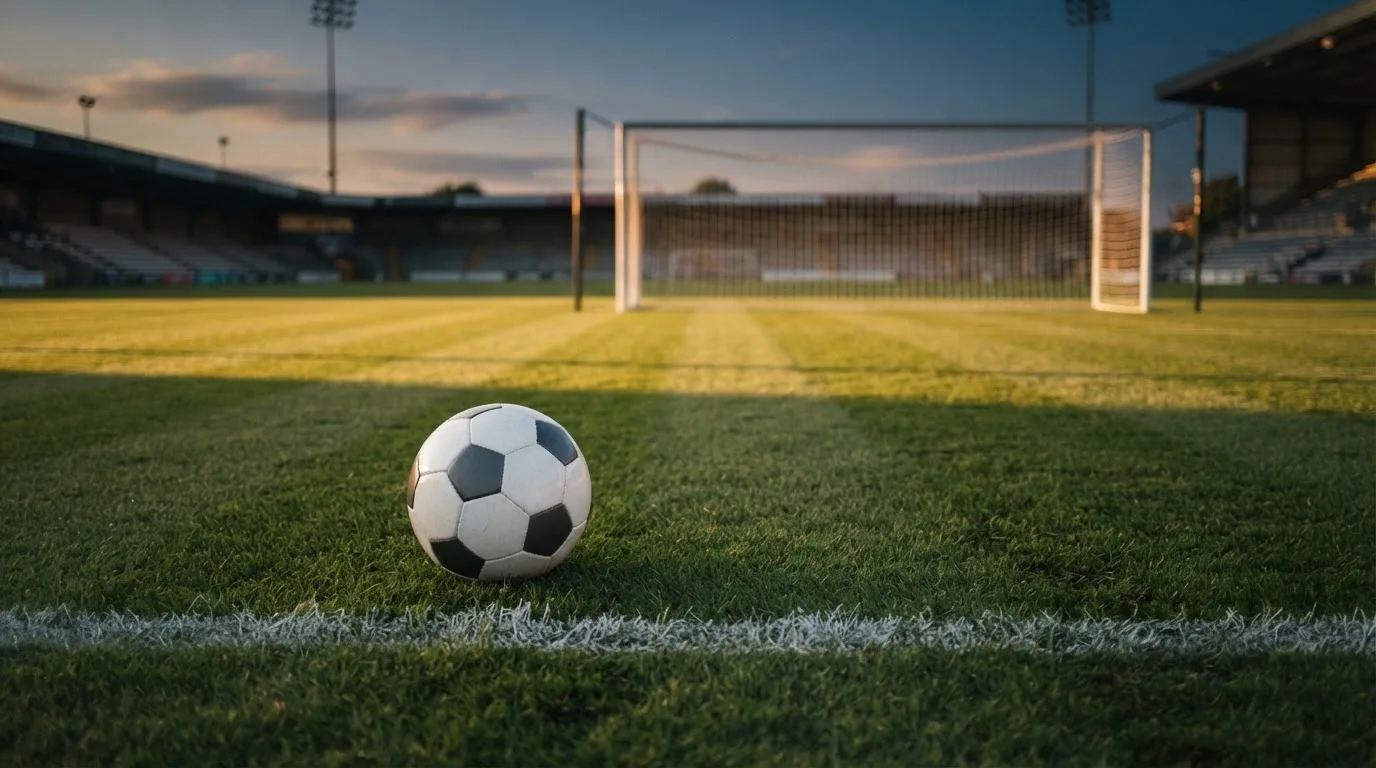 Ein Fußball liegt im Strafraum eines leeren Platzes, dahinter die Netze des Tores im Abendlicht.