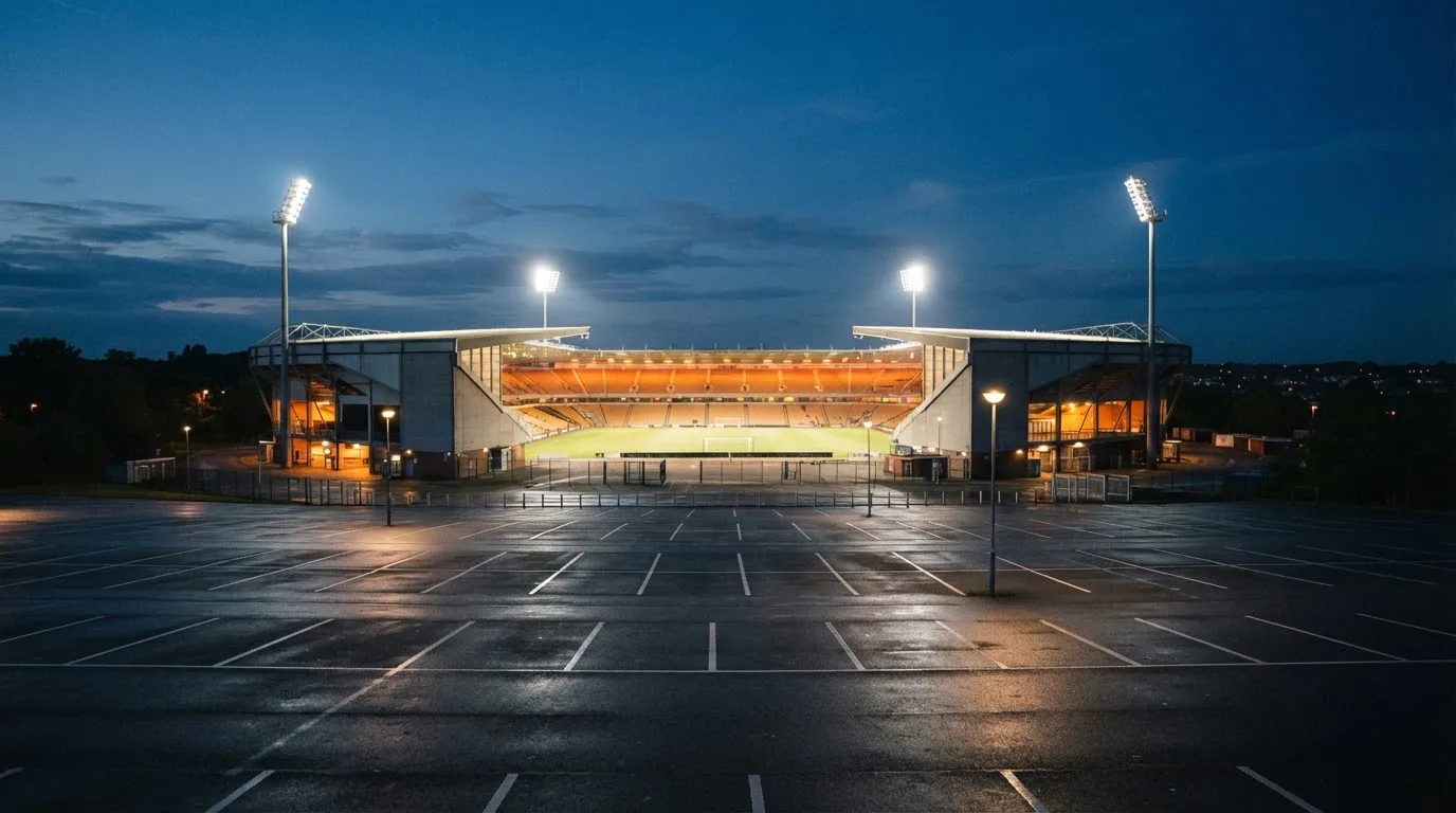 Ein Stadion unter Flutlicht aus großer Entfernung bei Einbruch der Dunkelheit, davor ein stiller Parkplatz.