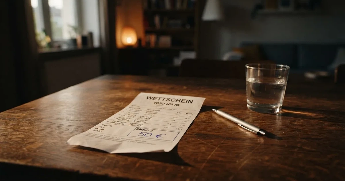 Ein leerer Papier-Wettschein liegt zusammen mit einem Kugelschreiber auf einem Tisch, daneben ein Glas Wasser.