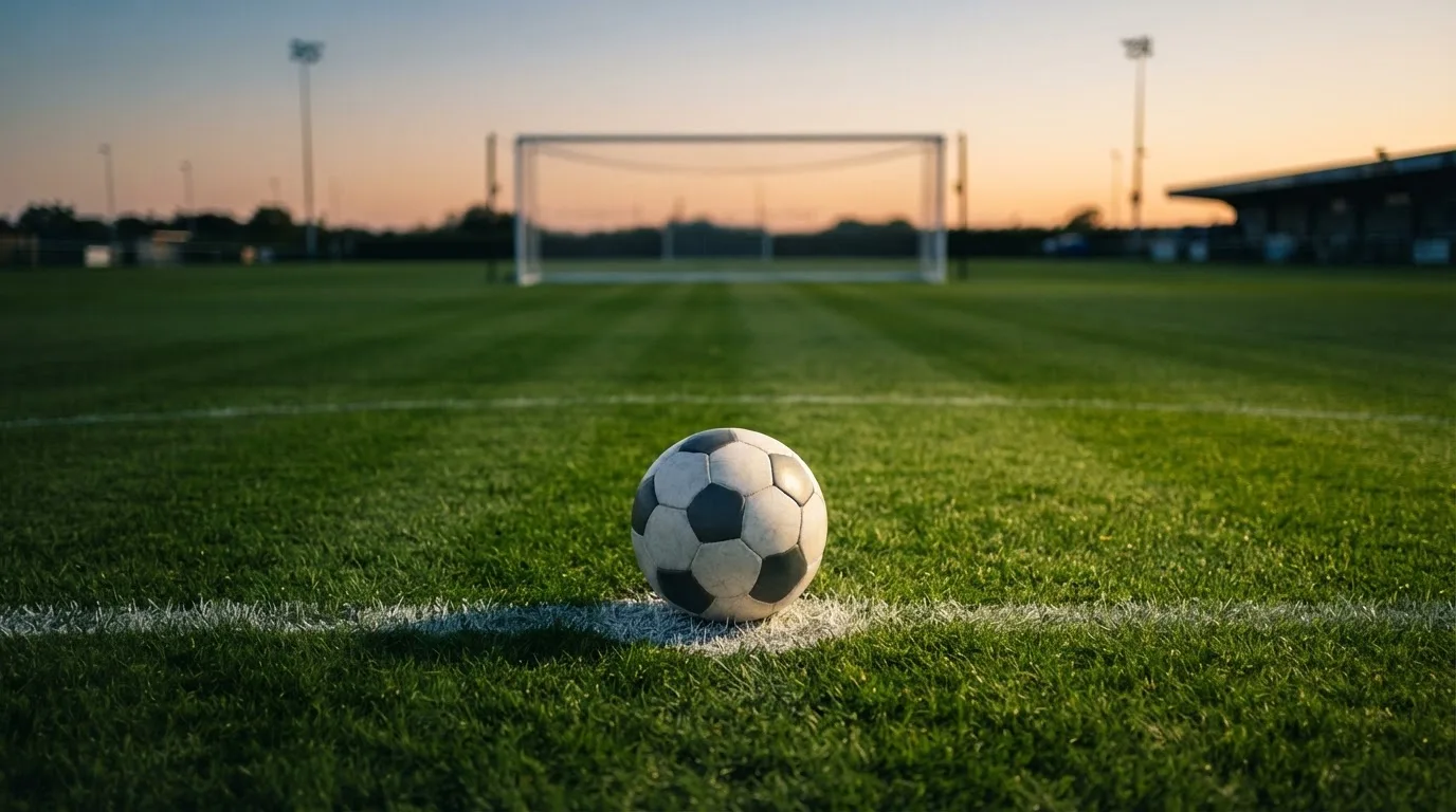 Ein Fußball liegt auf dem Elfmeterpunkt eines leeren Platzes im Abendlicht.