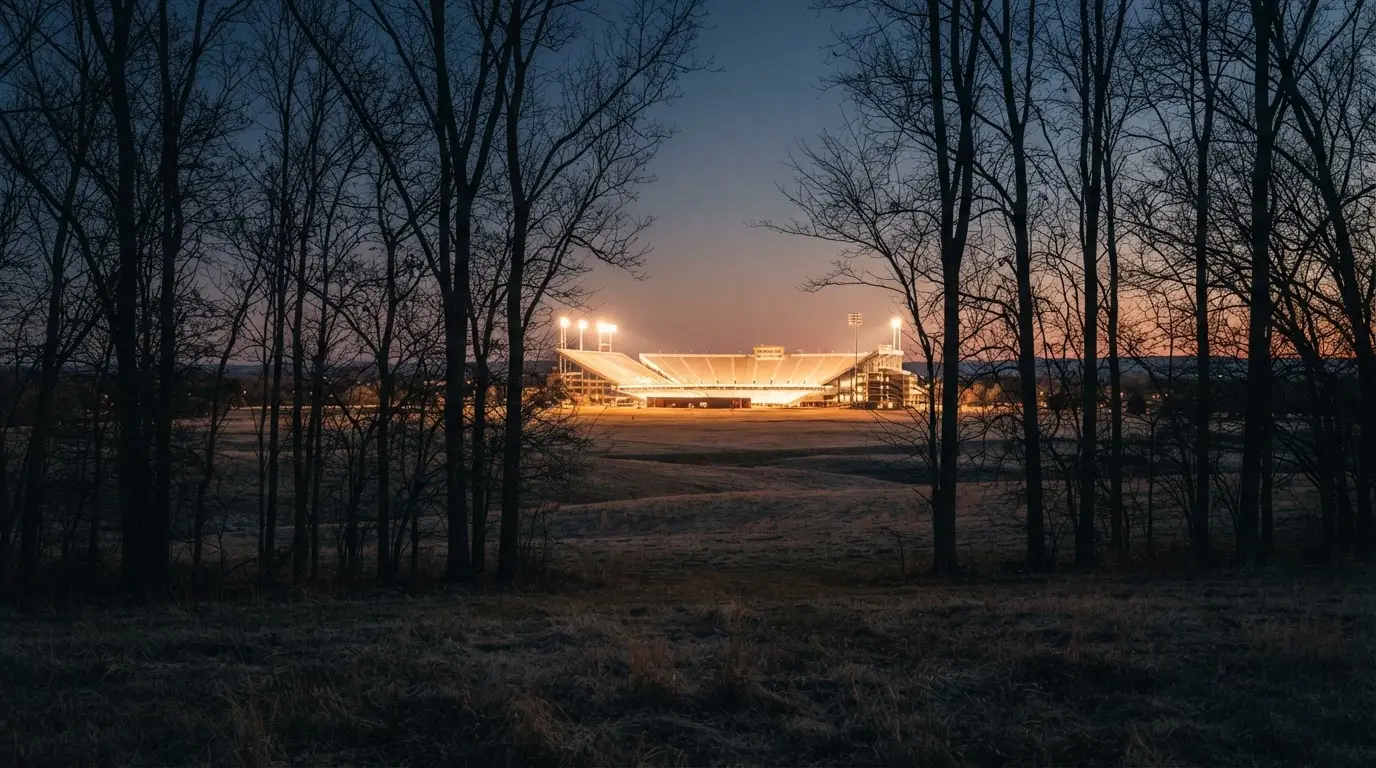 Ein Stadion unter Flutlicht, aus großer Entfernung gesehen, davor eine Reihe kahler Bäume im Dämmerlicht.