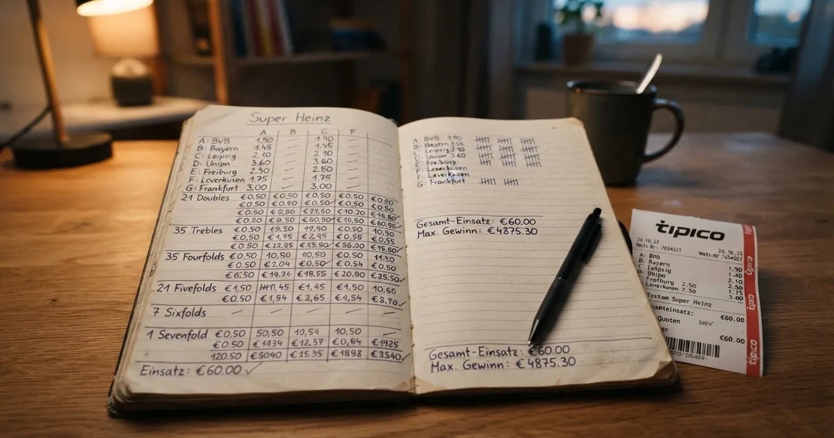 Ein Notizbuch mit handschriftlichen Zahlenreihen und Strichlisten liegt neben einem Taschenrechner auf einem Schreibtisch.