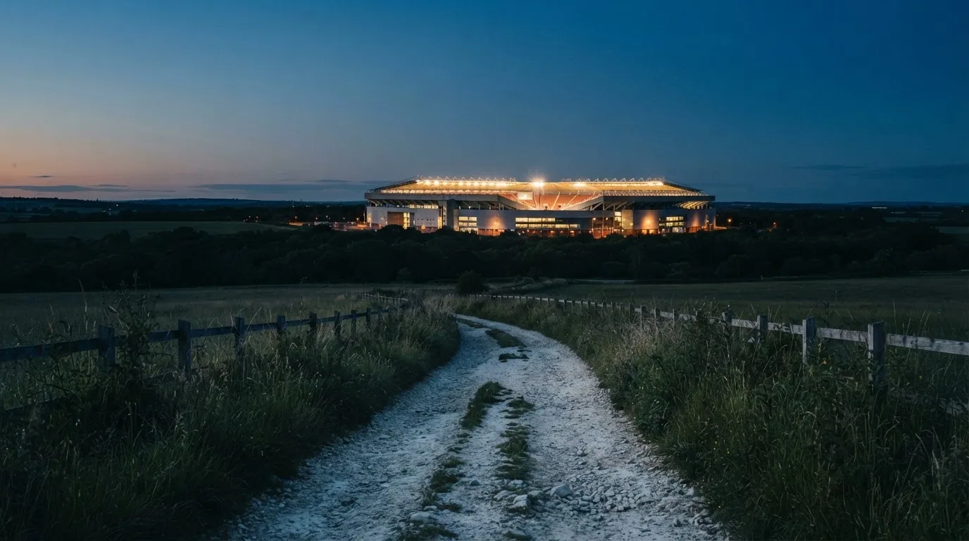 Ein beleuchtetes Stadion aus großer Distanz am Abend, im Vordergrund ein Feldweg.