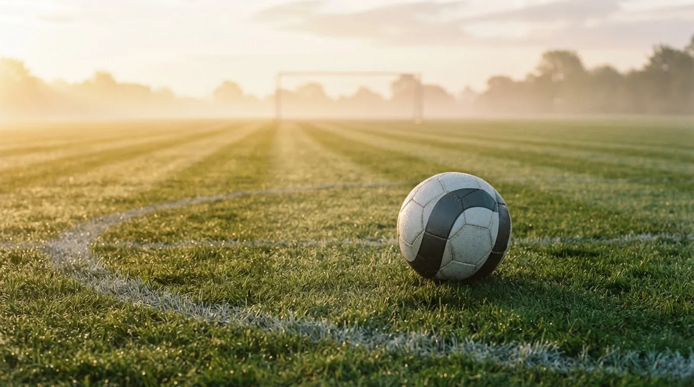 Ein Fußball liegt am Rand des Mittelkreises auf einem leeren Rasenplatz bei Sonnenaufgang.