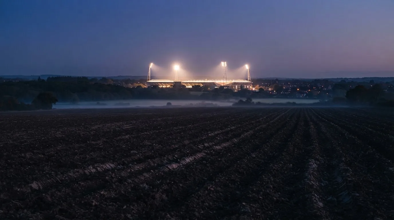 Ein Stadion unter Flutlicht aus großer Entfernung, davor ein dunkler Acker im Abendlicht.
