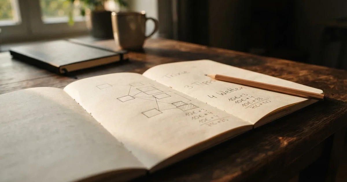 Ein Notizbuch mit handschriftlichen Kästchen und Linien liegt neben einem Bleistift und einem Taschenrechner auf einem Schreibtisch.