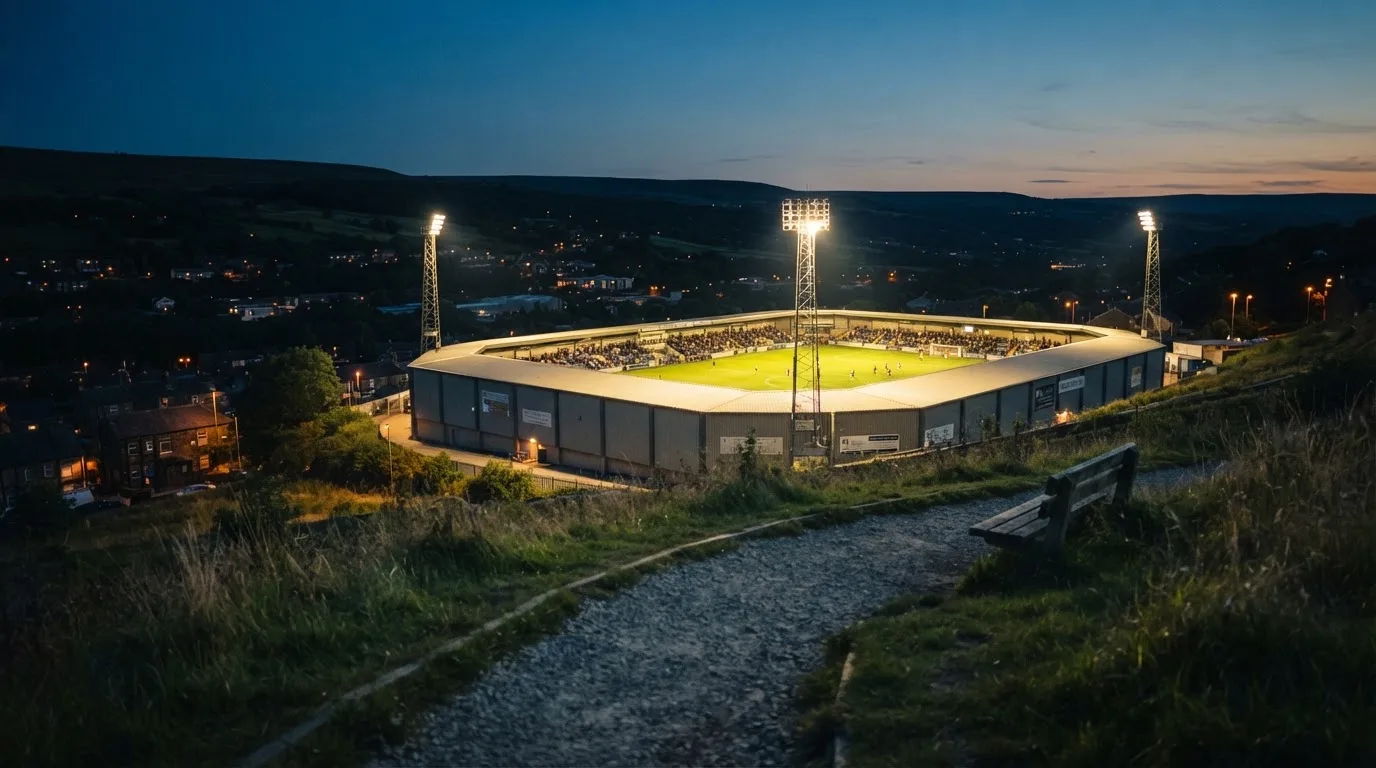 Ein Stadion unter Flutlicht, von einer Anhöhe aus gesehen, davor ein stiller Weg in der Dämmerung.