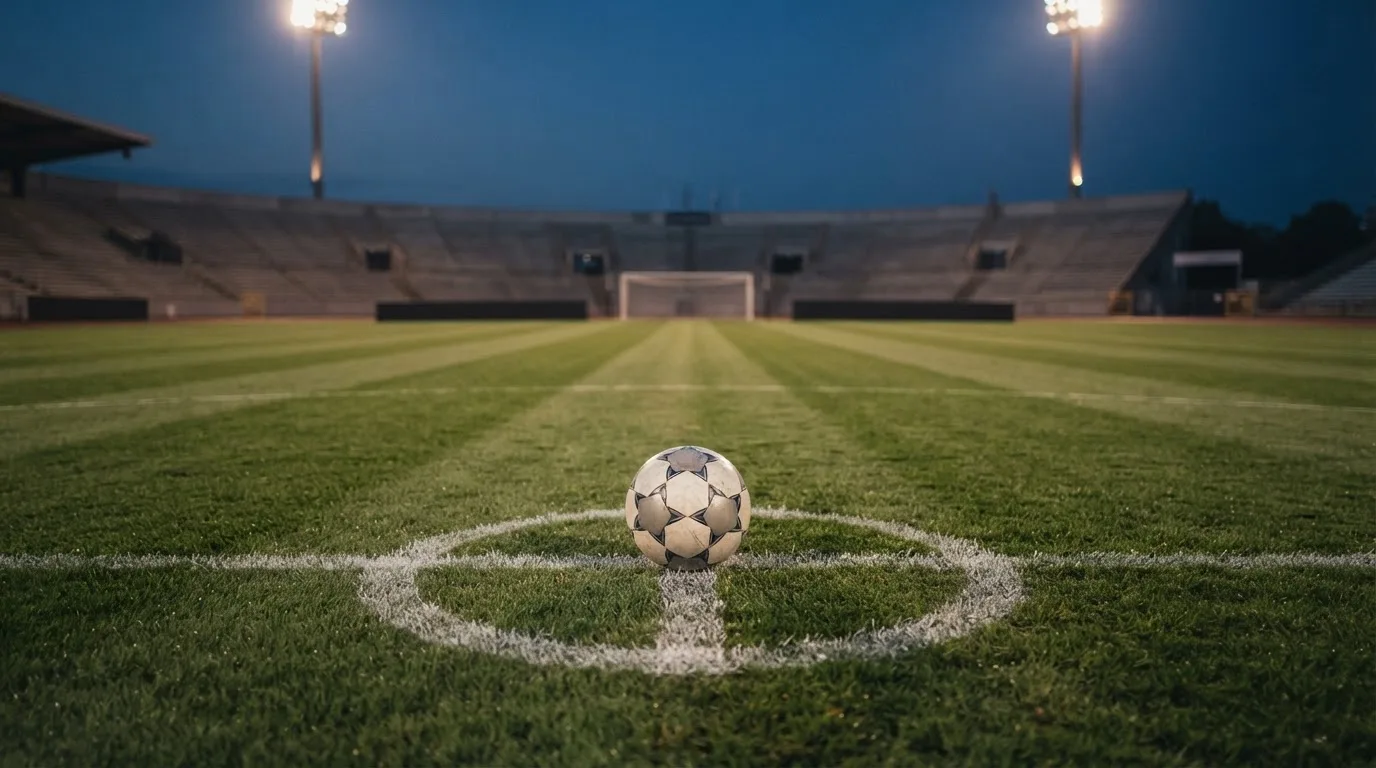 Ein Fußball liegt auf dem Anstoßpunkt eines leeren Rasenplatzes, im Hintergrund ein Stadion unter Flutlicht in der Abenddämmerung.