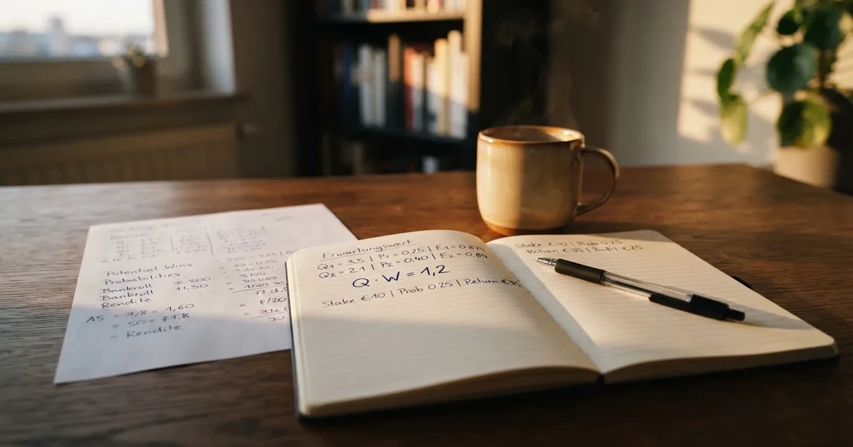 Ein Notizbuch mit handschriftlichen Rechnungen und ein Taschenrechner liegen auf einem Schreibtisch neben einer Tasse Kaffee im Licht des frühen Morgens.