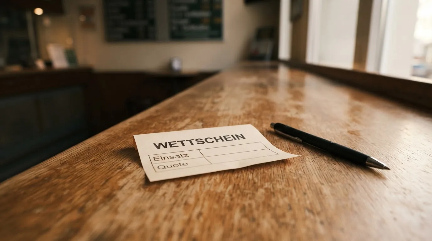 Ein leerer Wettschein aus Papier liegt neben einem Stift auf einer hölzernen Theke, weiches Licht fällt von der Seite ein.