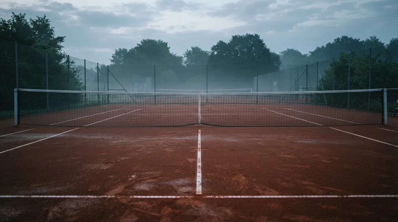 Ein Tennisplatz im Morgengrauen, das Netz und die Linien liegen im Tau, im Hintergrund leichter Nebel und kein Mensch zu sehen.