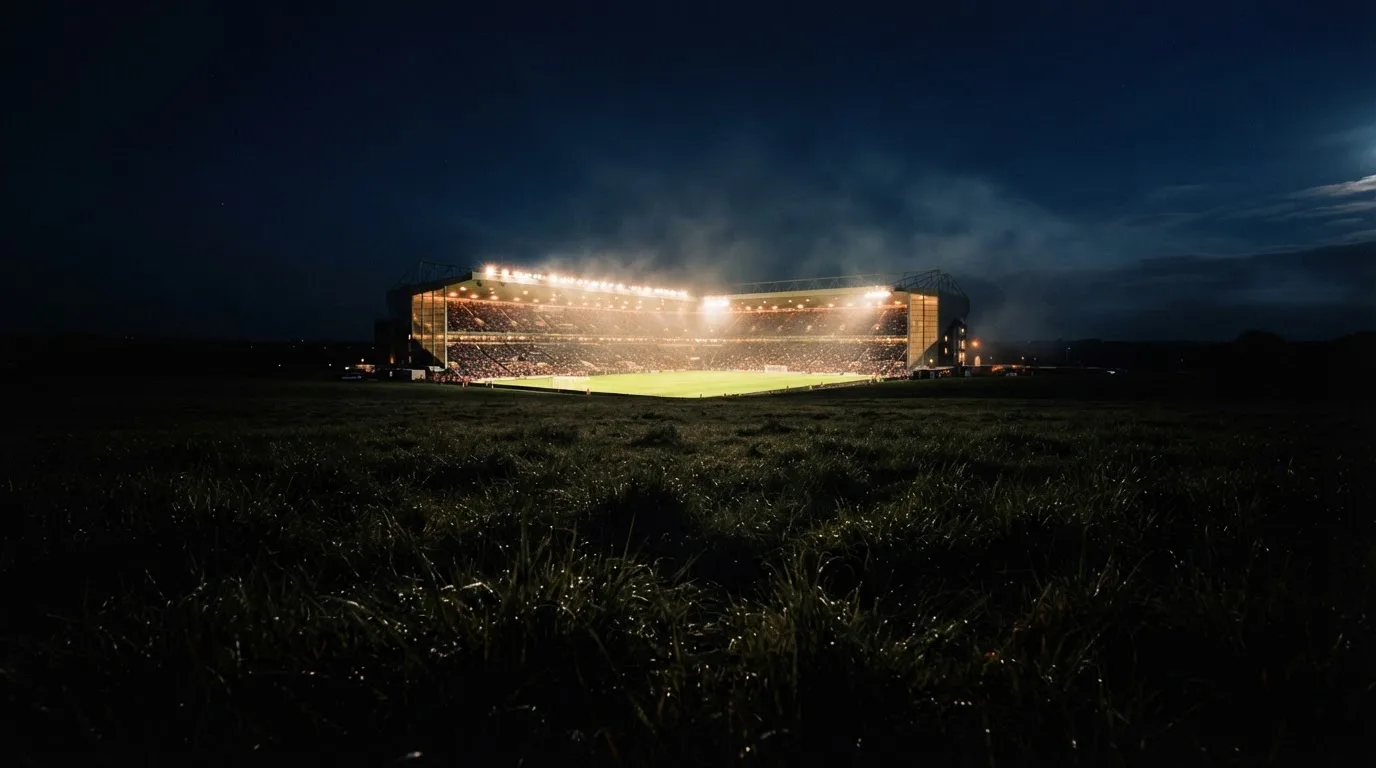 Ein Stadion unter Flutlicht, aus großer Entfernung über eine dunkle Wiese fotografiert, am Himmel zieht Nebel auf.