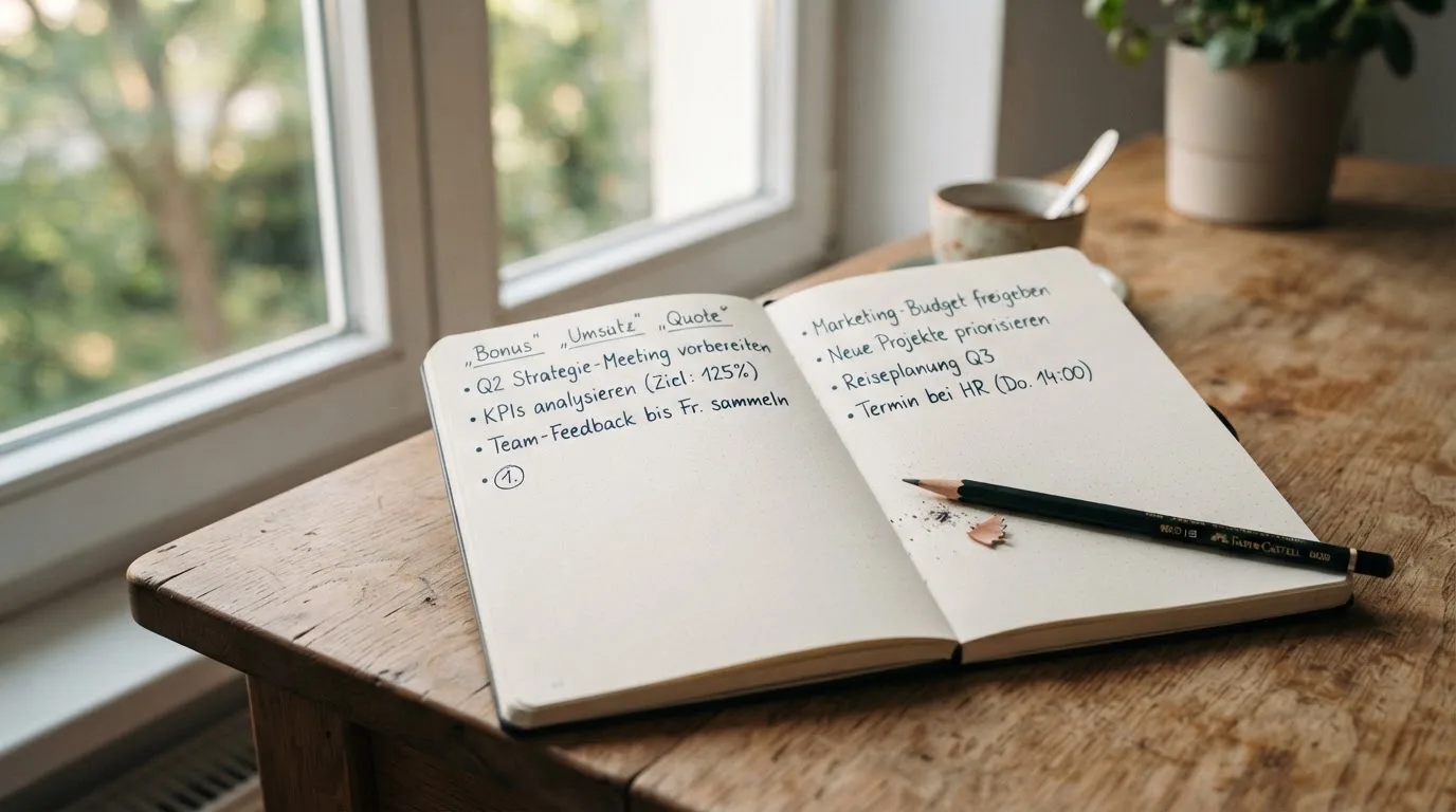 Ein Notizbuch mit handschriftlichen Notizen und ein Bleistift liegen auf einem Schreibtisch am Fenster, draußen fällt Morgenlicht herein.