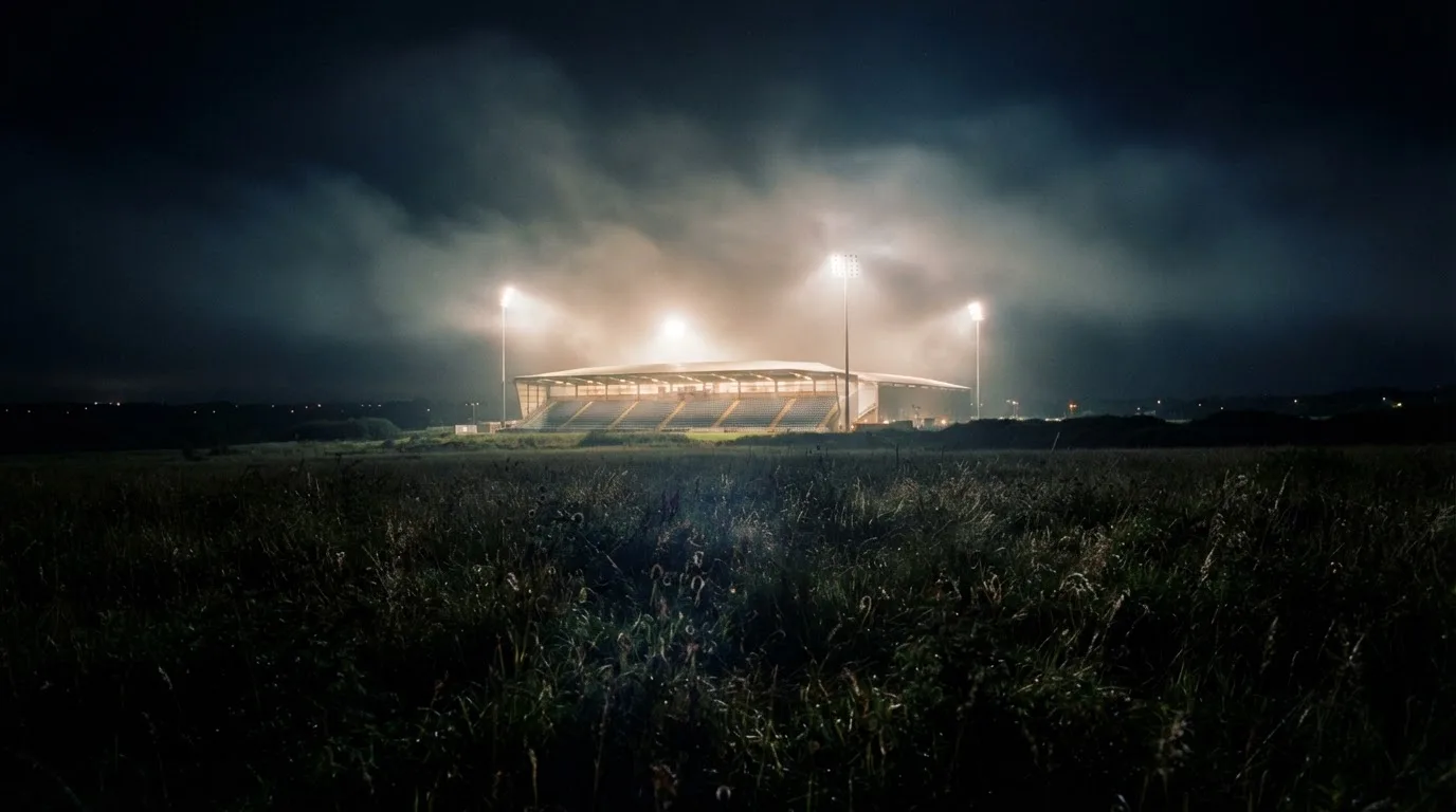 Ein Stadion unter Flutlicht, aus großer Entfernung über eine dunkle Wiese fotografiert, am Himmel zieht Nebel auf.