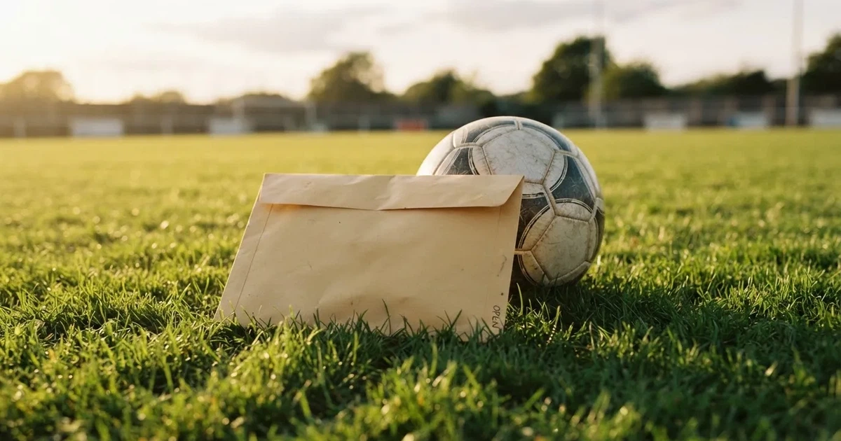 Ein verschlossener leerer Briefumschlag liegt neben einem Fußball auf grünem Rasen im warmen Licht des Nachmittags.