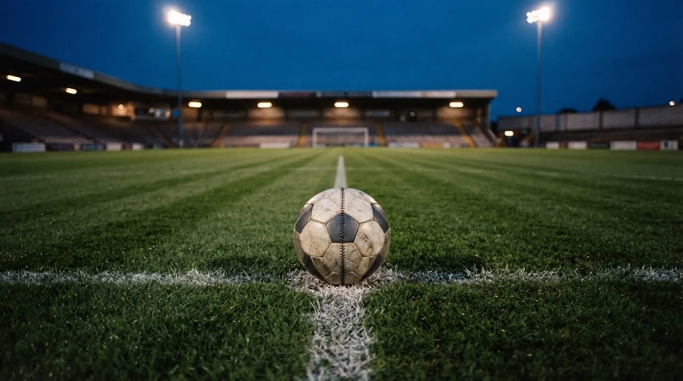 Ein Fußball liegt auf dem Anstoßpunkt eines leeren Rasenplatzes, im Hintergrund steht ein Stadion unter Flutlicht in der Dämmerung.