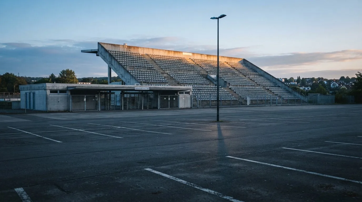 Eine leere Tribüne eines kleinen Stadions am frühen Morgen, aus der Ferne über einen menschenleeren Parkplatz fotografiert.