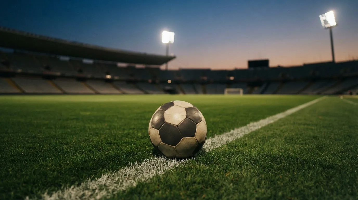 Ein Fußball liegt auf dem Rasen eines leeren Platzes, im Hintergrund ein Stadion unter Flutlicht in der Abenddämmerung.