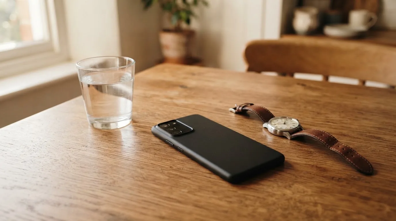 Ein Smartphone liegt mit dem Display nach unten auf einem Küchentisch, daneben stehen ein Glas Wasser und eine Armbanduhr.