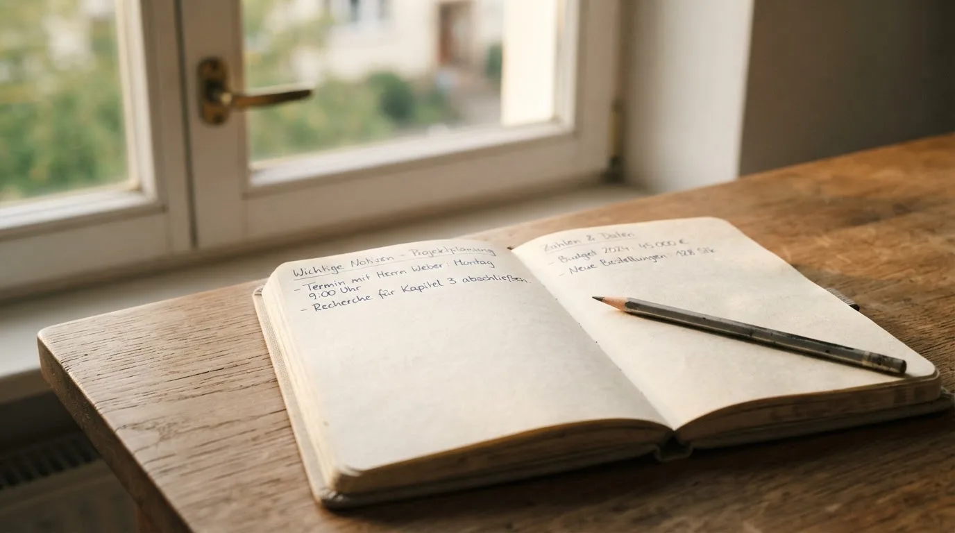 Ein Notizbuch mit handschriftlichen Notizen und ein Bleistift liegen auf einem Schreibtisch am Fenster, draußen fällt Morgenlicht herein.
