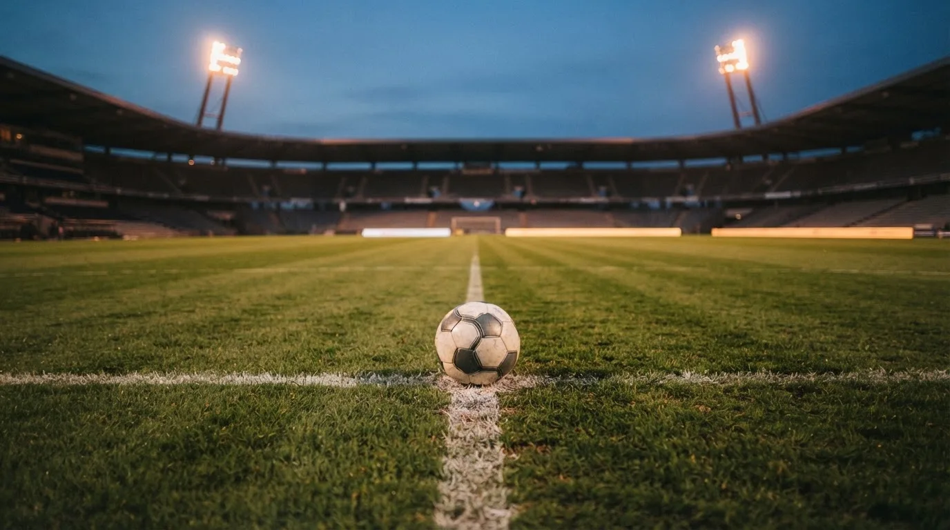 Ein Fußball liegt auf dem Anstoßpunkt eines leeren Rasenplatzes, im Hintergrund steht ein Stadion unter Flutlicht in der Dämmerung.