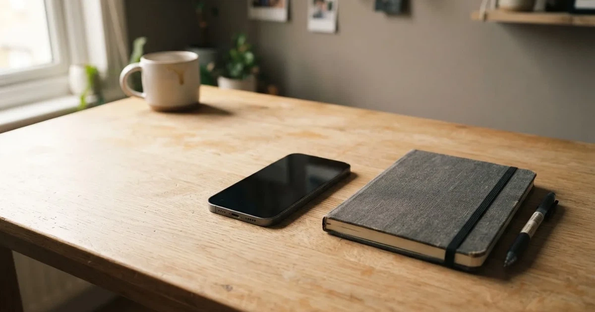 Ein Smartphone liegt neben einem Notizbuch und einem Kugelschreiber auf einem hellen Schreibtisch, das Display ist ausgeschaltet.