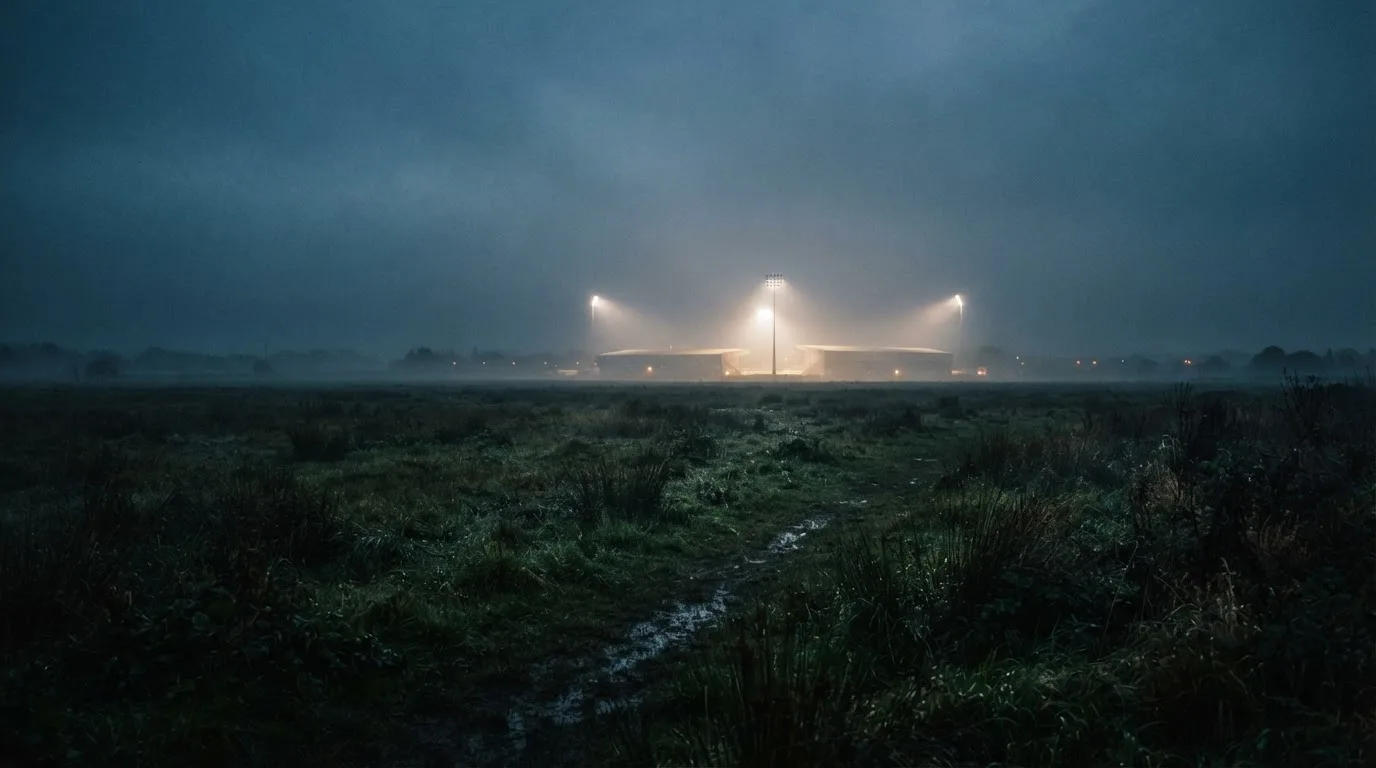 Ein Stadion unter Flutlicht, aus großer Entfernung über eine dunkle Wiese fotografiert, am Himmel zieht Nebel auf.