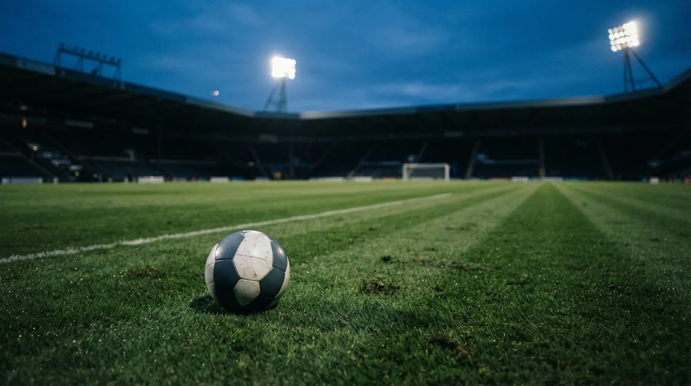 Ein Fußball liegt auf dem Rasen eines leeren Platzes, im Hintergrund ein Stadion unter Flutlicht in der Abenddämmerung.