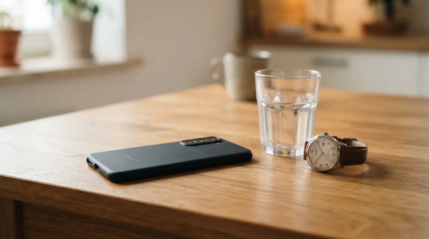 Ein Smartphone liegt mit dem Display nach unten auf einem Küchentisch, daneben stehen ein Glas Wasser und eine Armbanduhr.