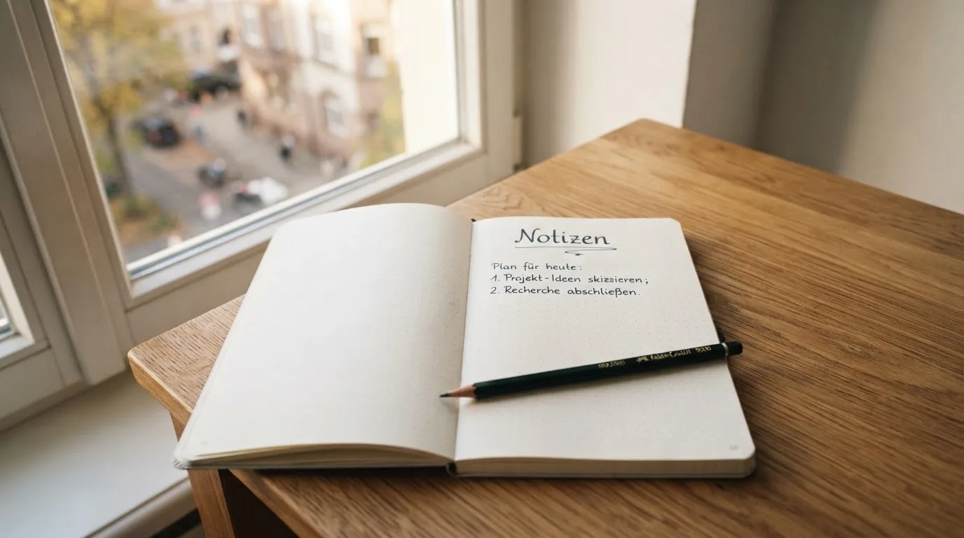 Ein Notizbuch mit handschriftlichen Notizen und ein Bleistift liegen auf einem Schreibtisch am Fenster, draußen fällt Morgenlicht herein.