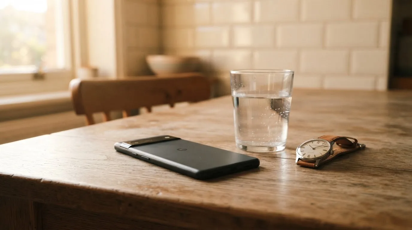 Ein Smartphone liegt mit dem Display nach unten auf einem Küchentisch, daneben stehen ein Glas Wasser und eine Armbanduhr.