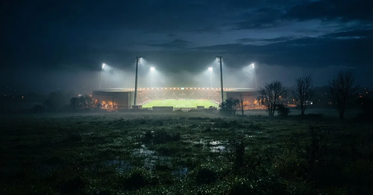 Ein Stadion unter Flutlicht, aus großer Entfernung über eine dunkle Wiese fotografiert, am Himmel zieht Nebel auf.