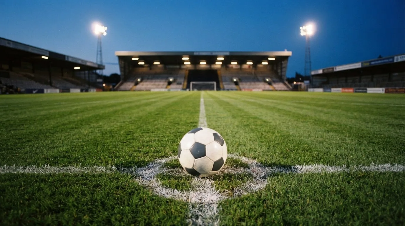 Ein Fußball liegt auf dem Anstoßpunkt eines leeren Rasenplatzes, im Hintergrund steht ein Stadion unter Flutlicht in der Dämmerung.