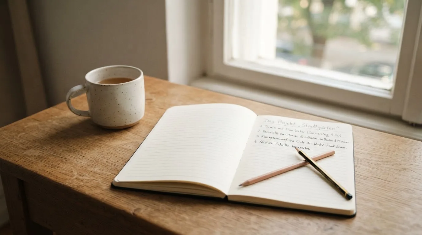 Ein Notizbuch mit handschriftlichen Notizen und ein Bleistift liegen auf einem Schreibtisch am Fenster, draußen fällt Morgenlicht herein.