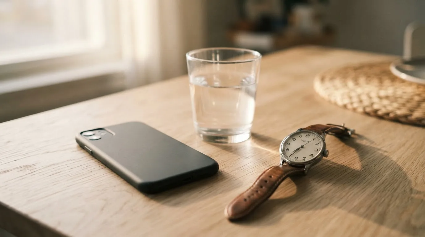 Ein Smartphone liegt mit dem Display nach unten auf einem Küchentisch, daneben stehen ein Glas Wasser und eine Armbanduhr.
