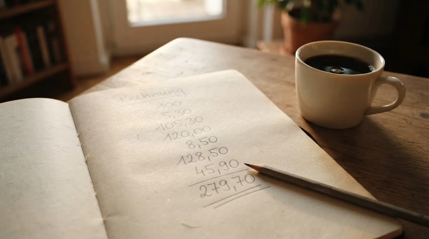 Ein Notizbuch mit handschriftlichen Rechnungen und ein Taschenrechner liegen auf einem Schreibtisch neben einer Tasse Kaffee im Licht des frühen Morgens.